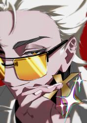  hair_slicked_back highres loose_hair_strand mullet rainbow_outline satoutosioumai1 smug suit tinted_eyewear to_be_hero to_be_hero_x vest white_hair white_suit white_vest x_(to_be_hero_x) x_ornament 