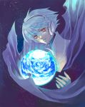  aco_(pixiv157193) albino bad_id cape earth headphones jyuubee male red_eyes silver_hair soldier_blue solo space star toward_the_terra 