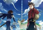  blue_eyes brown_hair cloud clouds genis_sage kratos_aurion lloyd_irving male multiple_boys noishe red_eyes shimabara silver_hair sky sword tales_of_(series) tales_of_symphonia weapon 