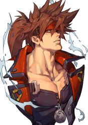  1boy black_shirt brown_eyes brown_hair collarbone guilty_gear hankuri high_ponytail long_hair male_focus muscular muscular_male ponytail red_vest shirt simple_background sol_badguy solo vest white_background 