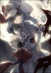  1girl bat_wings blue_hair dress fang hand_on_hip hat looking_at_viewer naye red_eyes remilia_scarlet short_hair solo touhou wings 