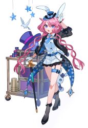  1girl :o animal_ears bird black_hat black_jacket black_shoes blue_eyes blue_necktie box cane card commentary_request dress eyelashes gloves hat holding holding_cane holding_card jacket kanyoko_(yuzukano_17) long_hair magician mini_hat necktie original pink_hair playing_card rabbit rabbit_ears shoes short_necktie simple_background sleeves_rolled_up star_(symbol) suitcase thigh_strap three_of_spades top_hat twintails two_of_hearts very_long_hair white_background white_dress white_gloves 