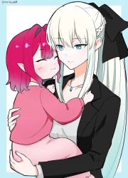  2girls baobhan_sith_(fate) black_bow blue_eyes blush bow child closed_eyes fate/grand_order fate_(series) hair_between_eyes hair_bow highres jewelry long_hair morgan_le_fay_(fate) mother_and_daughter multiple_girls necklace pink_hair pointy_ears ponytail short_hair smile torinonest very_long_hair white_hair 