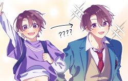  0_(rhddb0) 2boys ? ?? age_progression arm_up arrow_(symbol) character_request clenched_hand collared_shirt commentary_request copyright_request highres insignia lapels layered_sleeves long_sleeves looking_at_viewer male_focus multiple_boys necktie notched_lapels open_mouth purple_hair red_necktie school_uniform shirt short_hair short_over_long_sleeves short_sleeves smile sparkle teeth upper_body upper_teeth_only violet_eyes 
