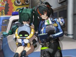  2girls android bangboo_(zenless_zone_zero) black_gloves black_hair black_pants blue_jacket blue_necktie breasts car checkered_necktie collared_shirt fingerless_gloves gloves green_eyes green_hair hair_between_eyes hair_ornament high-waist_pants highres hug hug_from_behind intabnito jacket large_breasts long_hair motor_vehicle multicolored_hair multiple_girls necktie on_car open_mouth outdoors pants police police_badge police_uniform policewoman qingyi_(zenless_zone_zero) red_hair red_streaks shadow shirt sidelocks sitting slippers sphere_hair_ornament streaked_hair teeth tight_clothes tight_pants twintails upper_teeth_only white_shirt yellow_slippers zenless_zone_zero zhu_yuan 