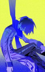 1boy blue_eyes blue_hair blue_scarf blue_theme coat crossed_legs feet_out_of_frame from_side goguma_wagamja highres kaito kaito_(vocaloid) long_sleeves looking_down male_focus pants scarf short_hair sitting solo vocaloid yellow_background