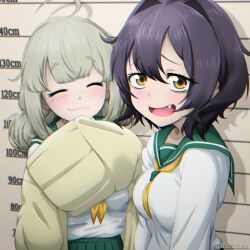  2girls ahoge araga_kiwi black_hair blonde_hair cardigan closed_eyes double_bun fang green_sailor_collar green_skirt hair_bun hair_intakes highres hiiragi_utena hiiragi_utena's_school_uniform huge_ahoge kodi_sakari long_hair looking_at_viewer mahou_shoujo_ni_akogarete medium_hair multiple_girls necktie open_cardigan open_clothes open_mouth pleated_skirt sailor_collar school_uniform serafuku shirt skirt sleeves_past_fingers sleeves_past_wrists sweatdrop tongue twitter_username white_serafuku white_shirt yellow_cardigan yellow_eyes yellow_necktie 