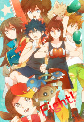  armlet bandaid bandaid_on_face black_hair black_tank_top blaziken blue_background blue_eyes blue_oak blue_pants boxing_gloves boxing_shorts brown_eyes brown_hair double_bun english_text falkner_(pokemon) green_(pokemon) gym_uniform hair_bun hitmontop jewelry kickboxing kicking long_hair lyra_(pokemon) monsteratogamel pants pokemon pokemon_(creature) pokemon_gsc primeape red_hair rosa_(pokemon) shoes shorts silver_(pokemon) smile sneakers spiky_hair star_(symbol) star_in_eye symbol_in_eye tank_top toned toned_male white_tank_top yellow_eyes zipper zipper_pull_tab 