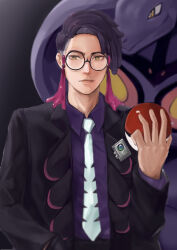  1boy 99_(pixiv_32274219) absurdres arbok black-framed_eyewear black_hair black_jacket closed_mouth collared_shirt commentary corbeau_(pokemon) glasses hand_up highres holding holding_poke_ball jacket long_sleeves male_focus necktie open_clothes open_jacket poke_ball poke_ball_(basic) pokemon pokemon_(creature) pokemon_legends:_z-a purple_shirt round_eyewear shirt short_hair white_necktie yellow_eyes 