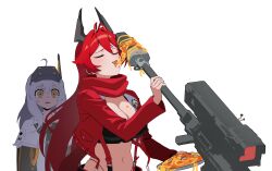  2girls absurdres ahoge antenna_hair black_horns closed_eyes commentary_request eating food goddess_of_victory:_nikke gun hair_between_eyes head-mounted_display headgear highres horns jacket long_hair meatball mechanical_horns midriff multiple_girls navel open_clothes open_jacket pasta red_hair red_hood_(nikke) red_jacket red_scarf red_suspenders rifle scarf scope simple_background sniper_rifle snow_white_(innocent_days)_(nikke) snow_white_(nikke) spaghetti spaghetti_and_meatballs stomach suspenders weapon wge white_background white_hair yellow_eyes 