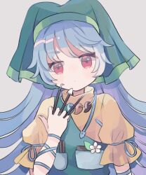  1girl apron arm_ribbon between_fingers blue_hair blue_ribbon blush breast_pocket closed_mouth commentary_request dress flower frills green_apron green_headscarf hair_between_eyes hand_up haniyasushin_keiki headscarf hiyuu_(hiyualice) holding holding_tool jewelry leaf long_hair looking_at_viewer magatama magatama_necklace necklace pocket puffy_short_sleeves puffy_sleeves red_eyes ribbon short_sleeves simple_background solo touhou turtleneck turtleneck_dress upper_body white_background white_flower wood_carving_tool yellow_dress 