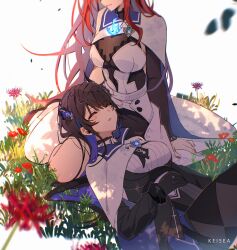  2girls argyle_clothes argyle_pantyhose asymmetrical_horns black_gloves black_hair black_pantyhose black_shoes black_skirt black_sleeves black_vest blue_fire blue_hair breasts cloak closed_eyes closed_mouth collared_shirt colored_inner_hair commentary detached_sleeves dress dress_shirt elizabeth_rose_bloodflame elizabeth_rose_bloodflame_(1st_costume) english_commentary enigmatic_recollection feather-trimmed_sleeves fire fire_on_chest flower gloves halter_dress halterneck hand_on_another&#039;s_head hand_on_own_stomach head_out_of_frame highres hololive hololive_english horn_flower horns keisea lap_pillow large_breasts light_smile long_hair long_sleeves lying miniskirt mole mole_under_eye multicolored_hair multiple_girls nerissa_ravencroft nerissa_ravencroft_(1st_costume) on_back on_grass pantyhose parted_lips red_eyes red_hair ribbed_shirt shirt shoes sidelocks single_detached_sleeve single_thighhigh sitting skirt skirt_under_dress spider_lily thigh-highs uneven_horns very_long_hair vest virtual_youtuber white_cloak white_dress white_shirt white_thighhighs yokozuwari yuri 