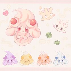  &gt;_&lt; :&lt; :o alcremie alcremie_(berry_sweet) alcremie_(flower_sweet) alcremie_(ribbon_sweet) alcremie_(star_sweet) alcremie_(strawberry_sweet) alternate_color appyon_(archangel_ayp) blue_eyes clover commentary_request evolutionary_line four-leaf_clover frown happy heart milcery no_humans open_mouth orange_eyes pink_eyes pokemon pokemon_(creature) pokemon_focus shiny_pokemon smile violet_eyes 