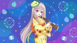  1girl :d blue_background cowboy_shot dot_nose film_grain floral_print floral_print_kimono game_cg grey_hair hair_between_eyes hair_ornament hairclip holding_rifle izumi_tsubasu japanese_clothes kappa_mask kimono lantern long_hair looking_at_viewer mask mask_on_head non-web_source obi official_art open_mouth orange_sash paper_lantern print_kimono purple_background re:stage! sakura_miu sash smile solo sparkle_background sunflower_print triangle_hair_ornament very_long_hair violet_eyes water_balloon yellow_kimono yukata 