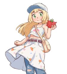  1girl alternate_costume baseball_cap beachepisode belt blonde_hair blush brown_belt closed_mouth collarbone denim food green_eyes hat highres holding holding_food jeans lillie_(pokemon) long_hair looking_at_viewer navel pants pants_under_skirt pokemon pokemon_sm simple_background skirt smile solo torn_clothes torn_jeans torn_pants white_background white_skirt 