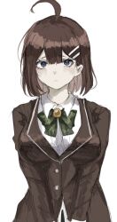  1girl ahoge akaimo_(akaimokou) blue_eyes bow bowtie breasts brown_coat brown_hair coat collared_shirt green_bow green_bowtie hair_ornament hairclip hod_(project_moon) large_breasts library_of_ruina long_sleeves looking_at_viewer medium_hair project_moon shirt simple_background solo upper_body white_background white_shirt yellow_brooch 