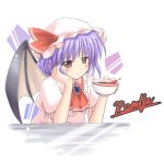  1girl bat_wings cup exe_(xe) hat lowres purple_hair red_eyes remilia_scarlet smile teacup touhou wings 