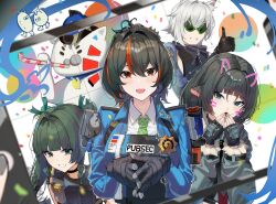  1boy 3girls absurdres animal_ears black_gloves black_hair blush breasts cat_boy cellphone_photo drawn_ears drawn_whiskers fingerless_gloves gloves green_eyes green_hair grey_jacket hairband highres jacket jane_doe_(zenless_zone_zero) large_breasts maanu metal_hairband mouse_ears mouse_girl multicolored_hair multiple_girls police police_badge police_uniform policeman policewoman ponytail qingyi_(zenless_zone_zero) red_eyes red_hair seth_lowell streaked_hair thumbs_up upper_body white_hair zenless_zone_zero zhu_yuan 