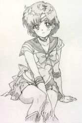  1girl absurdres bishoujo_senshi_sailor_moon boots bow bowtie brooch choker collarbone commentary_request earrings graphite_(medium) highres i4teruz jewelry looking_at_viewer miniskirt mizuno_ami parted_bangs pleated_skirt sailor_mercury short_hair simple_background sitting sketch skirt solo star_(symbol) star_choker stud_earrings super_sailor_mercury traditional_media white_background 