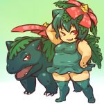  1girl blush_stickers dress elbow_gloves fang fangs flower gloves green_hair hair_flower hair_ornament hand_on_hip hitec leaf leaves moemon open_mouth panties pantyshot personification plump pokemon pokemon_(creature) pokemon_(game) pokemon_rgby red_eyes sexual_dimorphism smile thigh-highs thighhighs underwear venusaur 