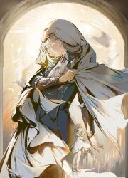  1girl aged_down arch ascot assassin's_creed_(series) bird black_coat boots cape coat dress from_side full_body grey_eyes grey_hair hand_up highres hood hood_up hooded_cape jacknavy multiple_views profile reverse:1999 shirt short_hair upper_body vertin_(reverse:1999) white_ascot white_bird white_boots white_cape white_dress white_shirt yellow_background 