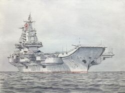  aircraft_carrier atelier_bono clouds cloudy_sky commentary_request flight_deck highres kuznetsov-class_aircraft_carrier liaoning_(aircraft_carrier) military_vehicle no_humans ocean original painting_(medium) people's_liberation_army people's_liberation_army_navy radar ship sky traditional_media vehicle_focus warship watercolor_(medium) watercraft waves 
