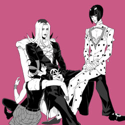  3boys black_hair bob_cut bruno_bucciarati commentary_request greyscale_with_colored_background hairband headband jojo_no_kimyou_na_bouken leone_abbacchio moru_moru_moru multiple_boys narancia_ghirga short_hair simple_background vento_aureo wristband zipper_pull_tab 