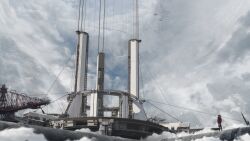  1girl absurdres aircraft airplane bird bridge building chinese_commentary clouds cloudy_sky commentary_request contrail crane_(machine) day facing_away fighter_jet fog from_behind highres long_hair lucia_(pgr) machinery military_vehicle outdoors punishing:_gray_raven scenery science_fiction sky snow solo space_elevator standing very_wide_shot wide_shot zi_dianli_chang 