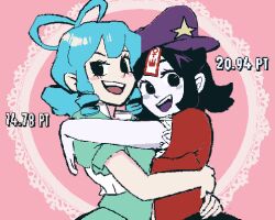  2girls black_hair black_skirt blue_hair cookie_pixel dress drill_hair drill_sidelocks fangs frilled_sleeves frills green_dress hair_rings hat hug kaku_seiga miyako_yoshika multiple_girls newsboy_cap ofuda ofuda_on_head open_mouth pale_skin pink_background purple_hat red_shirt shirt short_sleeves sidelocks skirt star_(symbol) star_print touhou 