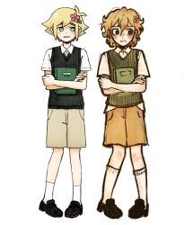  1boy alternate_eye_color basil_(faraway)_(omori) basil_(omori) black_shoes blonde_hair blue_eyes book brown_shorts collared_shirt flower green_sweater_vest hair_flower hair_ornament highres holding holding_book looking_at_viewer male_focus official_art_inset omori ottie_pops parted_lips scrapbook shirt shoes short_hair short_sleeves shorts simple_background socks solo sweater_vest white_background white_shirt white_socks 