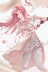  1girl absurdres asymmetrical_dress bow bowtie buttons by_yi collared_dress cross-laced_clothes cross-laced_skirt determined dress eyelashes feet_out_of_frame floating_hair flower frilled_dress frilled_headwear frills hat hat_feather hat_flower hat_loss highres holding holding_sword holding_weapon juliet_sleeves layered_skirt lipstick long_hair long_sleeves looking_to_the_side makeup mini_hat miniskirt nikki_(nikki) nikki_(series) pantyhose parted_bangs parted_lips petals pink_bow pink_bowtie pink_eyes pink_flower pink_hair pink_rose pink_sleeve_cuffs puffy_sleeves red_lips rose rose_petals shining_nikki single_stripe skirt skirt_under_dress sleeve_cuffs solo striped_bow striped_bowtie striped_clothes striped_dress sword teeth triumph_of_daybreak_(shining_nikki) vertical-striped_clothes vertical-striped_dress very_long_hair weapon white_background white_dress white_hat white_pantyhose white_skirt 