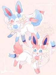  absurdres alternate_color animal_focus artist_name blue_eyes blush commentary_request fang frills highres maaari_pkmn no_humans one_eye_closed pink_background pink_eyes pokemon pokemon_(creature) pokemon_focus polka_dot polka_dot_background shiny_and_normal shiny_pokemon smile sylveon 