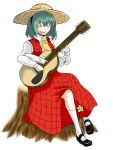  ascot duplicate guitar hat instrument kazami_yuuka long_skirt plaid plaid_skirt plaid_vest reon_(pixiv) reon_(saikyou) sitting skirt skirt_set straw_hat tartan touhou tree_stump 
