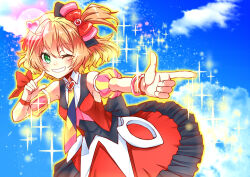  1girl blonde_hair blue_sky blush bow bracelet clouds commentary_request day dress eyelashes finger_to_cheek freyja_wion green_eyes grin hair_bow heart jewelry kaikai macross macross_delta multicolored_necktie multiple_bracelets necktie one_eye_closed one_side_up outline outstretched_arm pointing red_bow red_dress red_ribbon ribbon sky smile solo sparkle teeth wrist_ribbon yellow_outline 