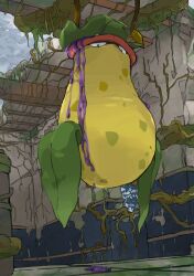  abandoned acid aomon_(yuuji7604) building colored_skin hanging_plant highres leaf looking_at_viewer no_humans open_mouth overgrown plant poison pokemon pokemon_(creature) pokemon_focus victreebel vines yellow_skin 