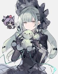  1girl 2girls animal_ears annoyed arknights bang_dream! bang_dream!_it's_mygo!!!!! black_bonnet black_dress black_gloves blunt_bangs bonnet cat_ears cat_girl chibi chibi_inset closed_mouth cowboy_shot dress floppy_ears gloves gothic_lolita green_hair grey_background hair_ornament hands_up highres holding holding_stuffed_toy lolita_fashion long_hair long_sleeves looking_at_viewer multiple_girls official_alternate_costume purple_hair rabbit_ears rabbit_girl short_hair sidelocks solo_focus standing stuffed_animal stuffed_rabbit stuffed_toy wakaba_mutsumi wakaba_mutsumi_(marionette's_id) x_hair_ornament yao_kkkrrr yellow_eyes yuutenji_nyamu yuutenji_nyamu_(magician_of_passion) 