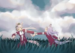  animal_ears aqua_bow blunt_bangs blush bow breasts closed_eyes clouds ear_bow field gold_ship_(umamusume) grabbing_another&#039;s_arm grass grey_hair hat highres horse_ears horse_girl horse_tail jacket kitnoko long_hair long_sleeves mejiro_mcqueen_(umamusume) multiple_girls open_mouth outdoors pants pillbox_hat purple_bow purple_hair red_jacket red_pants red_track_suit sky smile tail tracen_training_uniform track_jacket track_pants track_suit umamusume 