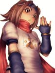  arcana_heart blush brown_eyes brown_hair dog_ears elbow_gloves fingerless_gloves flat_chest gloves gym_uniform headband humio konoha konoha_(arcana) open_mouth scarf short_hair solo waving 