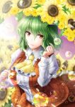  1girl ascot breasts field flower flower_field green_hair hand_in_hair kazami_yuuka large_breasts looking_at_viewer open_vest parasol petals red_eyes shirt skirt smile soap_bubbles solo sunflower touhou umbrella y2 