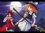  broom detached_sleeves hakurei_reimu hat japanese_clothes kaida kirisame_marisa long_hair miko moon night red_eyes ribbon touhou wink witch_hat yellow_eyes 