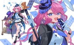  1girl animal_ears bird black_hat black_jacket black_shoes blue_eyes blue_necktie box cane card commentary_request dress eyelashes gloves hat highres holding holding_cane holding_card jacket kanyoko_(yuzukano_17) long_hair magician mini_hat multiple_views necktie original pink_hair playing_card rabbit_ears shoes short_necktie simple_background sleeves_rolled_up star_(symbol) suitcase thigh_strap three_of_spades top_hat twintails two_of_hearts upper_body very_long_hair white_background white_dress white_gloves 