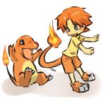  1boy blush_stickers charmander fang fangs fire hitec male moemon open_mouth orange_hair personification pokemon pokemon_(creature) pokemon_(game) pokemon_rgby shorts smile t-shirt tail 