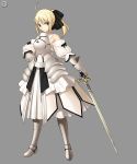  armor armored_dress bare_shoulders blonde_hair detached_sleeves dress fate/stay_night fate/unlimited_codes fate_(series) gauntlets green_eyes higurashi_ryuuji ponytail saber saber_lily solo sword takeuchi_takashi weapon 
