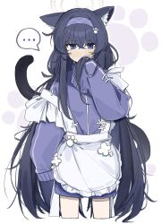  ... 1girl animal_ear_fluff animal_ears apron bags_under_eyes black_hair blue_archive blue_eyes blue_hairband blue_shorts blue_track_suit blush cat_ears cat_girl cat_tail commentary_request cropped_legs flower_ornament free_donut frilled_apron frills full-face_blush furrowed_brow grey_halo hairband halo hand_up highres kemonomimi_mode long_hair long_sidelocks long_sleeves looking_at_viewer low_twintails paw_hair_ornament paw_ornament paw_print shorts sidelocks simple_background single_off_shoulder sleeves_past_fingers sleeves_past_wrists solo spoken_ellipsis standing tail track_suit twintails ui_(blue_archive) very_long_hair white_apron white_background 