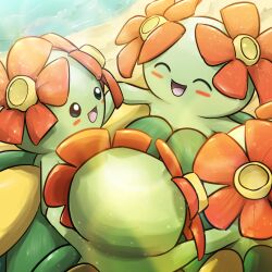  :d absurdres bellossom blush blush_stickers circle_formation closed_eyes closed_mouth commentary_request flower highres holding_hands light_particles open_mouth orange_flower pokemon pokemon_(creature) pokemon_focus smile spicyichizo water 