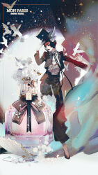  1girl ad bird black_hat black_pants flower hat highres long_sleeves mian_lang open_mouth pants perfume_(cosmetics) red_lips rose short_hair solo standing white_bird white_flower white_rose ysl 