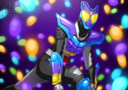 1boy absurdres armor bodysuit candy compound_eyes food gochizo grey_bodysuit henshin_belt_gavv highres jelly_bean kamen_rider kamen_rider_gavv kamen_rider_gavv_(poppingummy_form) kamen_rider_gavv_(series) otokamu purple_armor rider_belt solo tokusatsu yellow_eyes 
