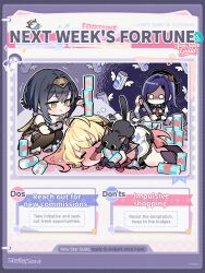  3girls ahoge amber_(stella_sora) angry banknote black_boots black_cat black_hair blonde_hair blunt_ends blush boots can can_on_head can_stack cat chibi chibi_only closed_eyes closed_mouth collared_shirt commentary drink drink_can english_commentary english_text frilled_skirt frills furious high_heel_boots high_heels highres holding holding_can holding_drink holding_paper holding_receipt iris_(stella_sora) juliet_sleeves knee_boots long_hair long_sleeves lying miniskirt money multiple_girls necktie new_star_guild_(stella_sora) nose_blush noya_(stella_sora) o_o official_art on_side paper pout puffy_sleeves purple_hair red_necktie shaded_face shirt short_hair skirt soda_can squatting stella_sora too_many_cans white_shirt white_skirt yellow_eyes 