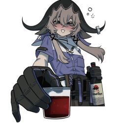  1girl animal_ears arknights black_gloves blush bottle brown_hair commentary cow_ears cow_girl cow_horns crossed_bangs cup drinking_glass drunk gloves green_eyes hair_between_eyes holding holding_bottle horns ibenq_turbo incoming_gift looking_at_viewer pallas_(arknights) pov purple_shirt shirt short_sleeves shot_glass simple_background solo squeans triangle_mouth white_background wine_bottle 