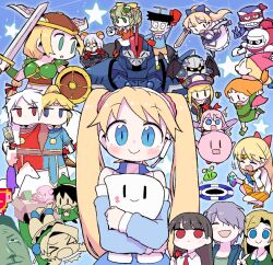  6+boys 6+girls ^^^ aino_minako annotated armor atelier_(series) atelier_marie belt bishoujo_senshi_sailor_moon black_eyes black_hair black_hat blonde_hair blue_(saga_frontier) blue_bow blue_dress blue_eyes blue_shirt book bow box boxing_gloves brown_belt brown_hair brown_shorts card cardboard_box chibi circlet closed_mouth commentary conjoined cosplay crossover crystal dante_(devil_may_cry) dante_(devil_may_cry)_(cosplay) dark_meta_knight dokan_(dkn) doraemon dress drill_hair facial_hair fairy fairy_(atelier) flower forward_to_the_sky gamigami_maou ganso_saiyuuki:_super_monkey_daibouken garry_(ib) gloves god_of_glitch graphics_card green_tunic grey_hair hair_bow hair_over_one_eye hamster hamtaro_(series) hat headset helmet holding holding_card holding_crystal holding_flower holding_shield holding_sword holding_weapon honekawa_suneo horse ib_(ib) ib_(kouri) journey_to_the_west kirby kirby_(series) kirby_star_allies knight light_infantry_(game) long_hair looking_at_another looking_at_viewer magical_girl maria_balthasar marlone mary_(ib) mask mecha multiple_boys multiple_girls mustache narcia open_mouth orange_skirt pietro_pakapuka pink_hair pleated_skirt ponytail popolocrois princess_(forward_to_the_sky) propeller purple_hair rectangular_mouth red_bow red_eyes red_flower red_hat red_rose ribbon_(kirby) robot rose rouge_(saga_frontier) rta-chan rta_in_japan saga saga_frontier sailor_senshi_uniform sailor_venus seibzehn shield shirt short_hair shorts skirt smile solid_oval_eyes sparky_(kirby) star_(symbol) stuffed_animal stuffed_pig stuffed_toy sun_wukong sword tang_sanzang tunic twintails unpacking_(game) v valkyrie_(vnd) valkyrie_no_densetsu weapon white_gloves white_hair white_knight_(popolocrois) white_shirt winged_helmet wings xenogears yulong_(journey_to_the_west) zan_partizanne 